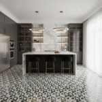 Marble tile with a black, white, and gray geometric pattern, smooth texture, and polished finish.