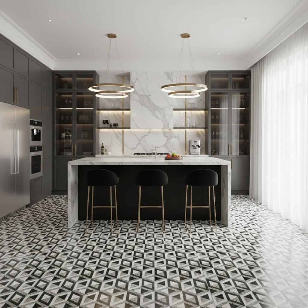 Marble tile with a black, white, and gray geometric pattern, smooth texture, and polished finish.