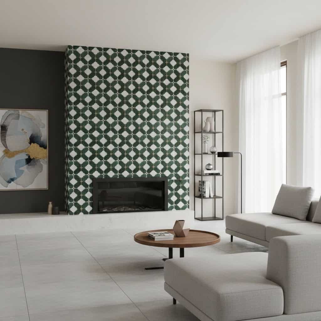 Green and white geometric patterned tile with a glossy finish, used as a decorative fireplace surround in a contemporary livi.
