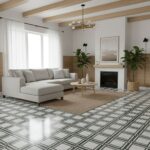 Bright, patterned black and white geometric tiles in a contemporary living room with neutral furniture and natural light.
