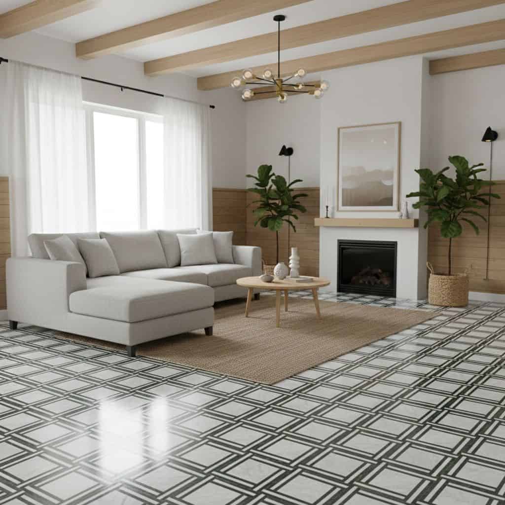 Bright, patterned black and white geometric tiles in a contemporary living room with neutral furniture and natural light.