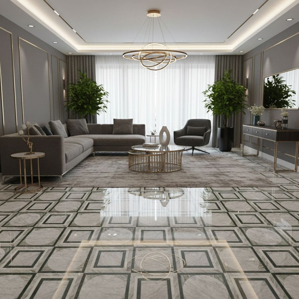 Modern living room with gray marble tiles featuring black geometric accents, complemented by contemporary furniture and lush.