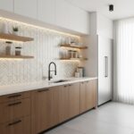 Modern kitchen with peel and stick wall tile backsplash and wooden cabinets.