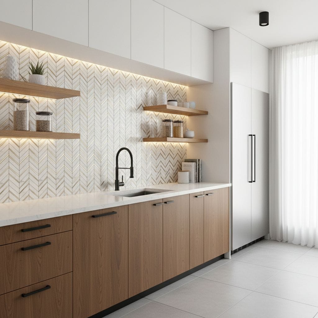 Modern kitchen with peel and stick wall tile backsplash and wooden cabinets.