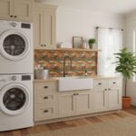 Bright laundry room with peel and stick tile backsplash behind sink and washer/dryer. Modern, easy-to-install wall tiles for.