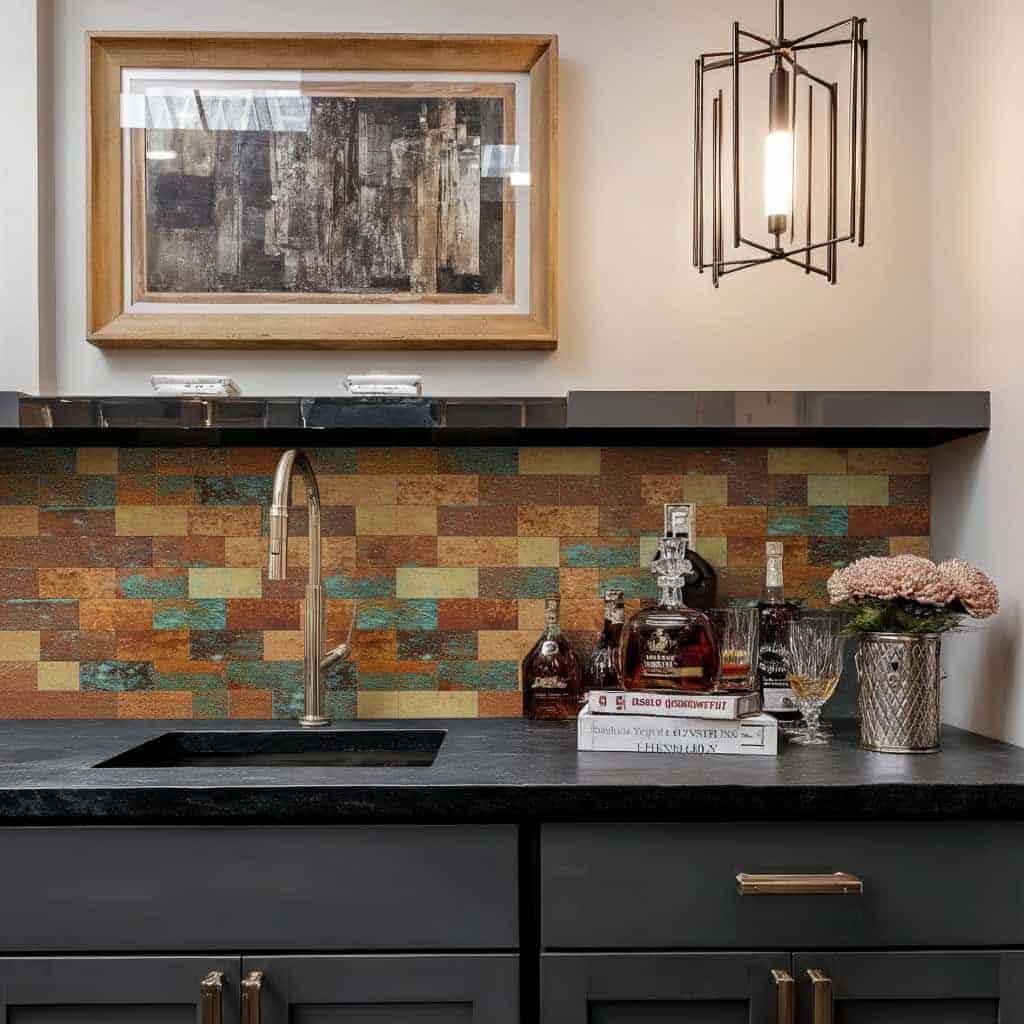A stylish kitchen featuring a peel and stick tile backsplash with multicolored tiles, complemented by contemporary decor and.