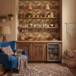 Stylish kitchen with peel and stick tile backsplash, wooden cabinets, and cozy decor.