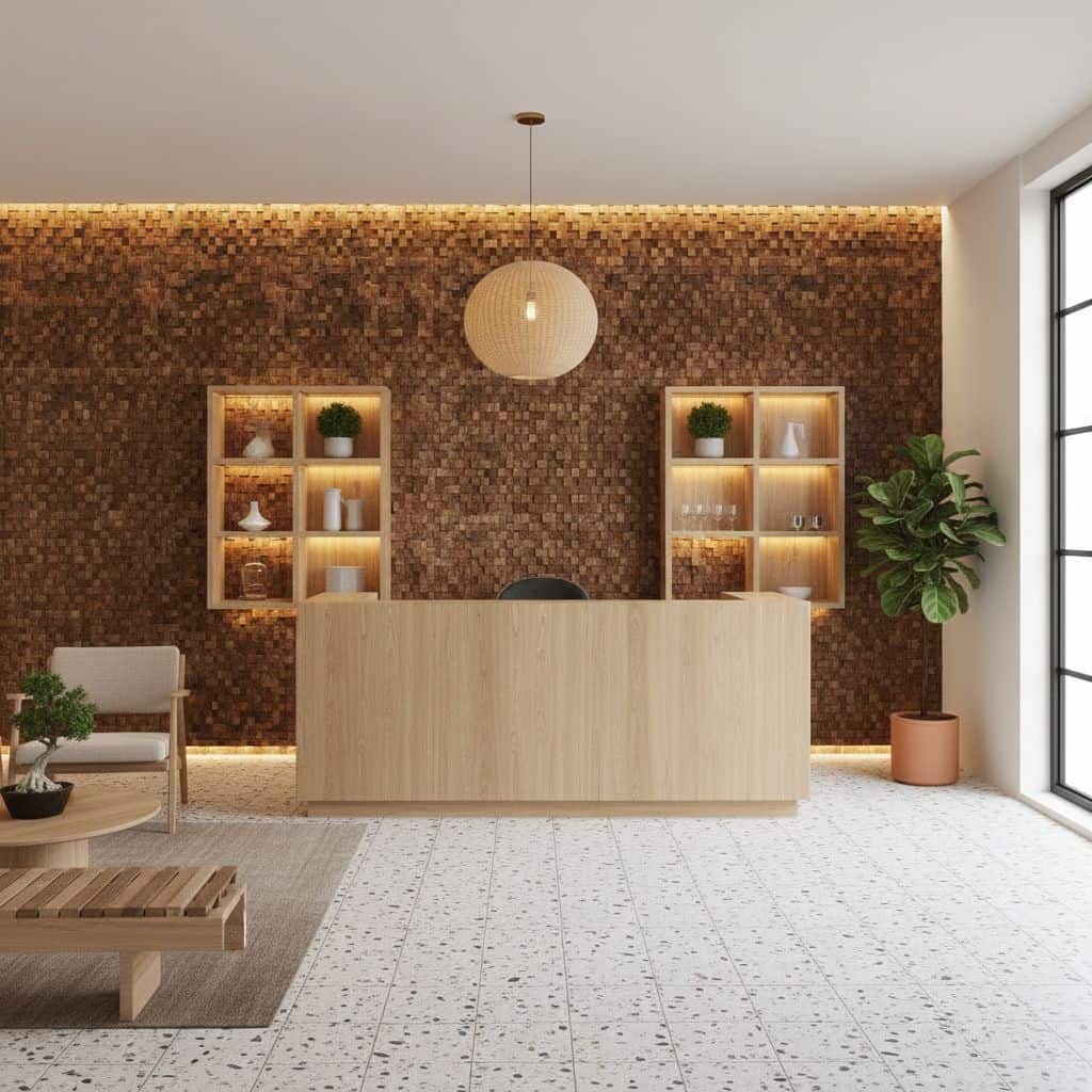 Brown mosaic tile wall, textured surface, warm tones, in a contemporary reception area.