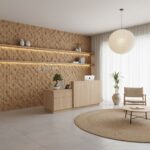 Wooden tile wall with natural finish and textured surface.