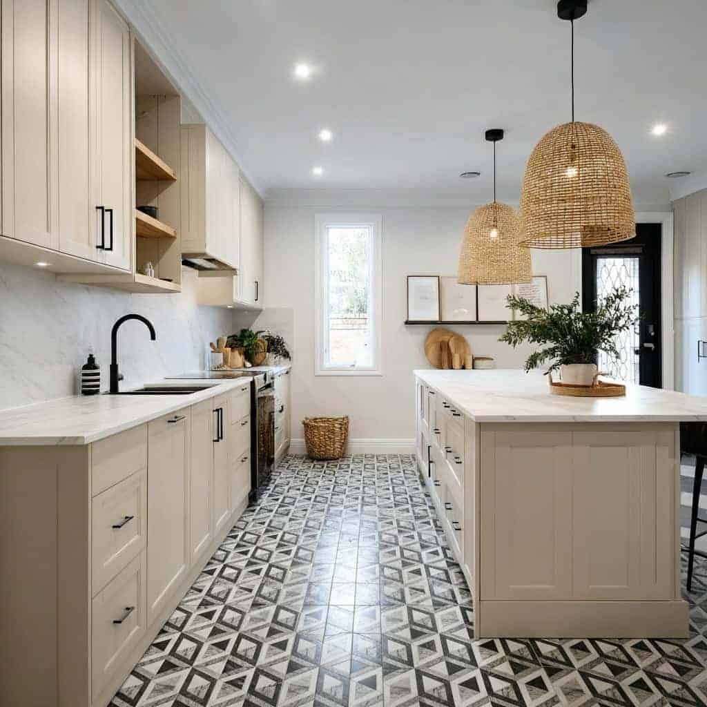 Bright kitchen with patterned black and white geometric floor tiles, white cabinetry, and natural woven pendant lights.