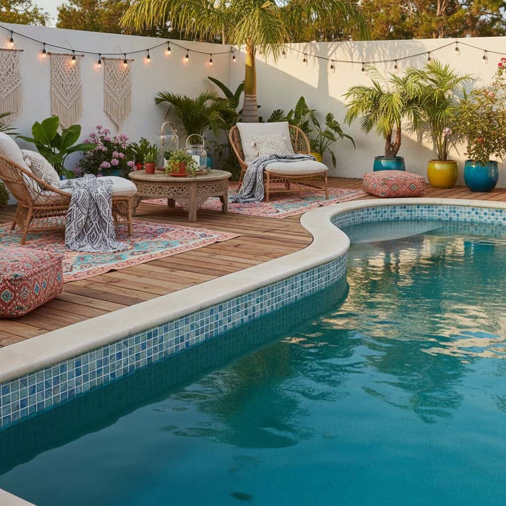 A relaxing outdoor space featuring a swimming pool with glass mosaic tiles, surrounded by comfortable seating, potted plants,.