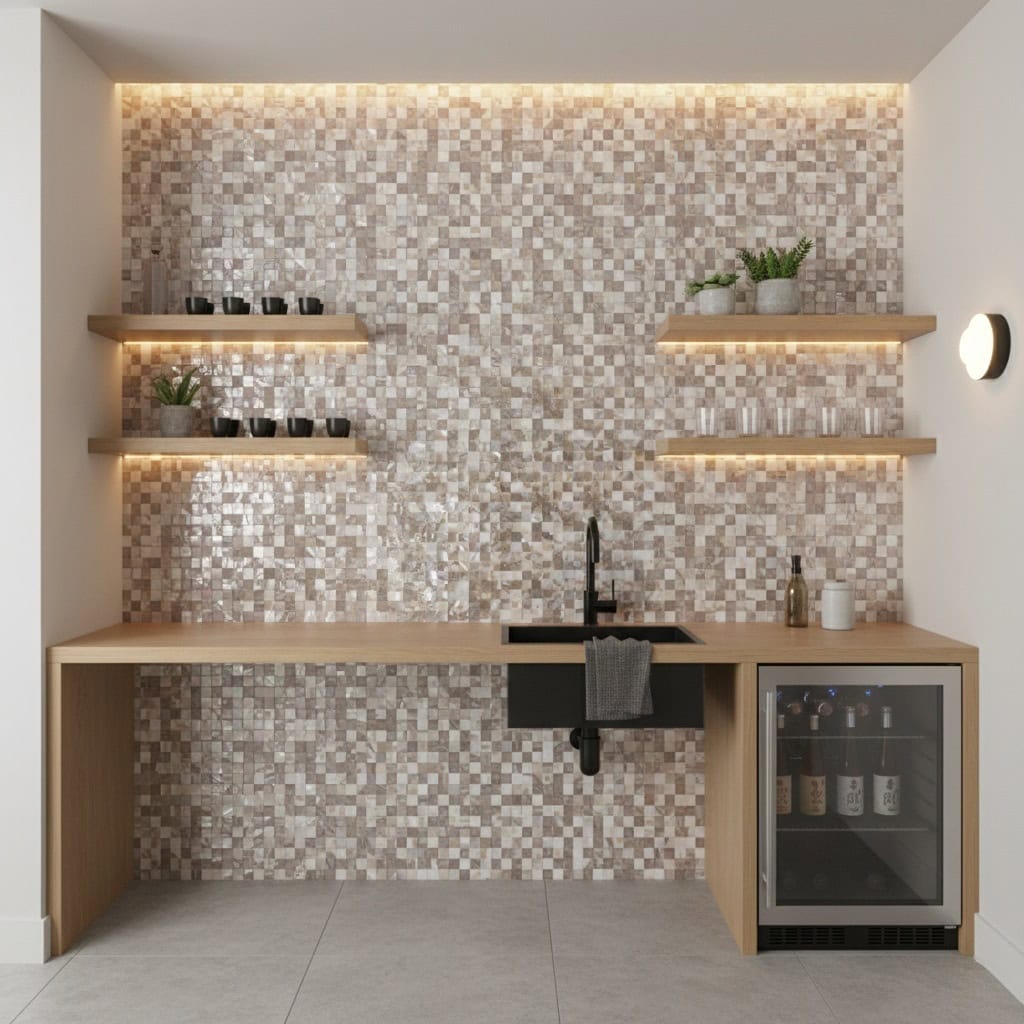 Mother of pearl shell tile backsplash with floating wooden shelves and a mini fridge.