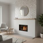 Cozy living room with a fireplace, shell tile accent wall, round mirror, and comfortable armchair, creating a stylish and inv.