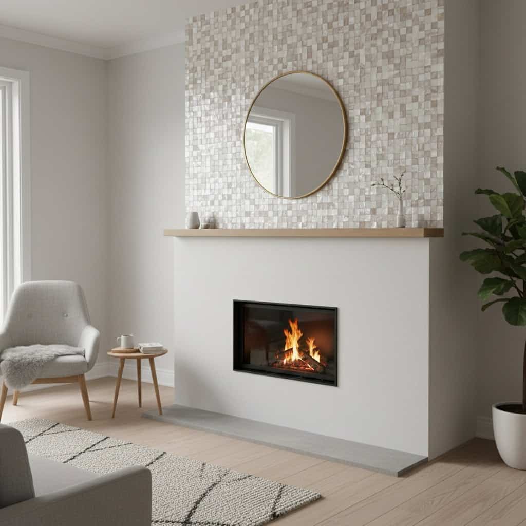 Cozy living room with a fireplace, shell tile accent wall, round mirror, and comfortable armchair, creating a stylish and inv.