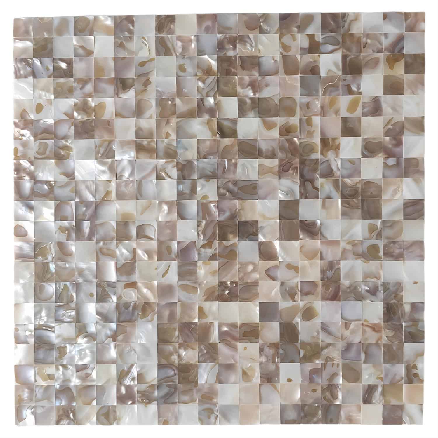 Close-up of mother of pearl shell tile with iridescent, shimmering surface in a mosaic pattern.