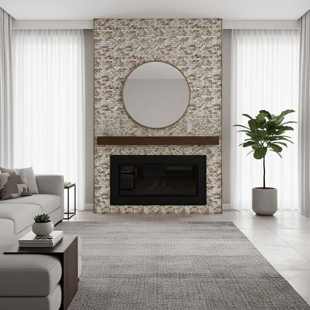 Mother of pearl shell tile accent wall around fireplace with a round mirror, modern living room interior design.