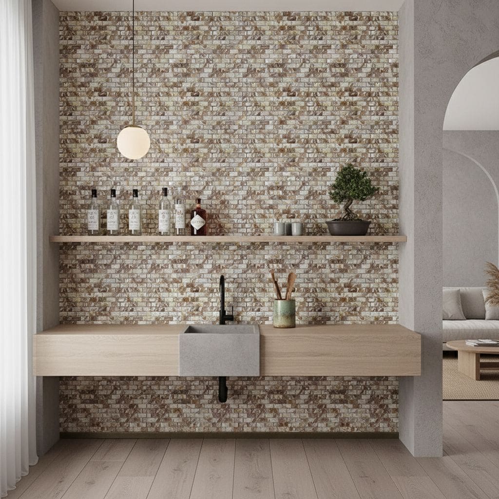 Mother of pearl shell tile backsplash with iridescent pearl finish in contemporary kitchen design.