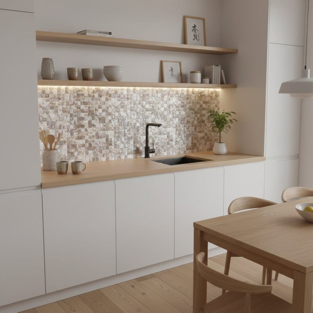 Bright kitchen featuring pearl shell tile backsplash and minimalist decor.