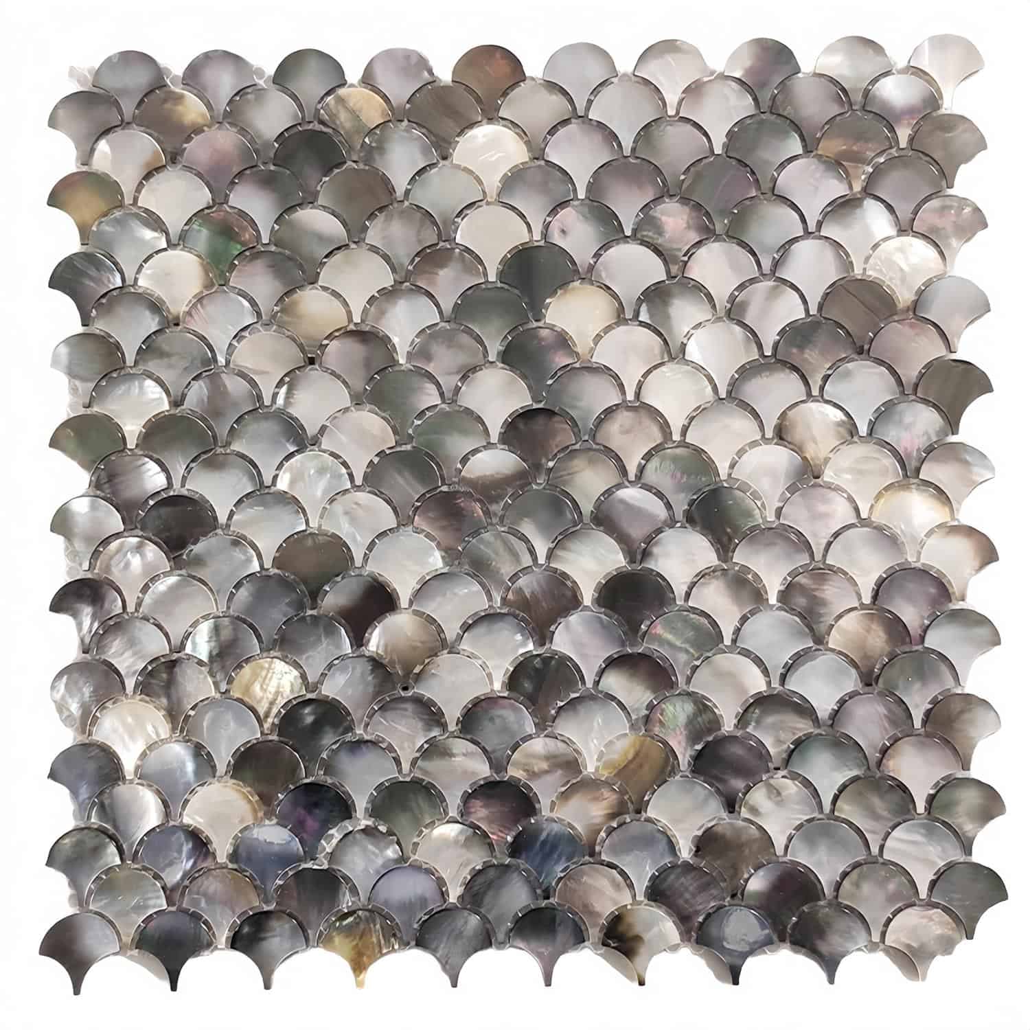Mother of pearl shell tile with iridescent, rounded shells arranged in a mosaic pattern. Perfect for elegant wall or backspla.