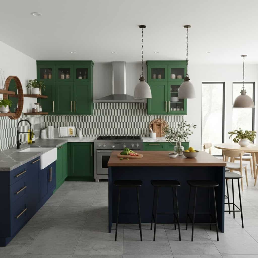 Bright, modern kitchen featuring green and navy textured tiles, stainless steel appliances, and a central island with seating.
