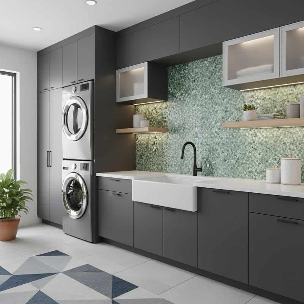 Modern laundry room with peel and stick tile backsplash, cabinetry, and washer/dryer.