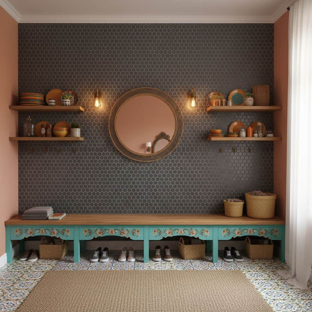 A stylish entryway featuring dark hexagon tiles, wooden shelves with decorative items, and a large round mirror.