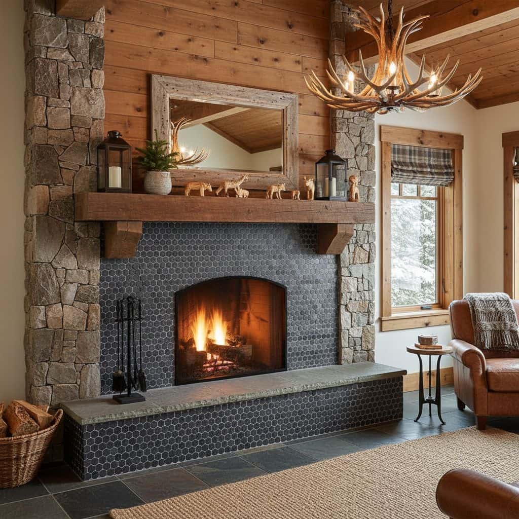 Cozy living room fireplace with stone and tile accents, warm and inviting rustic interior.