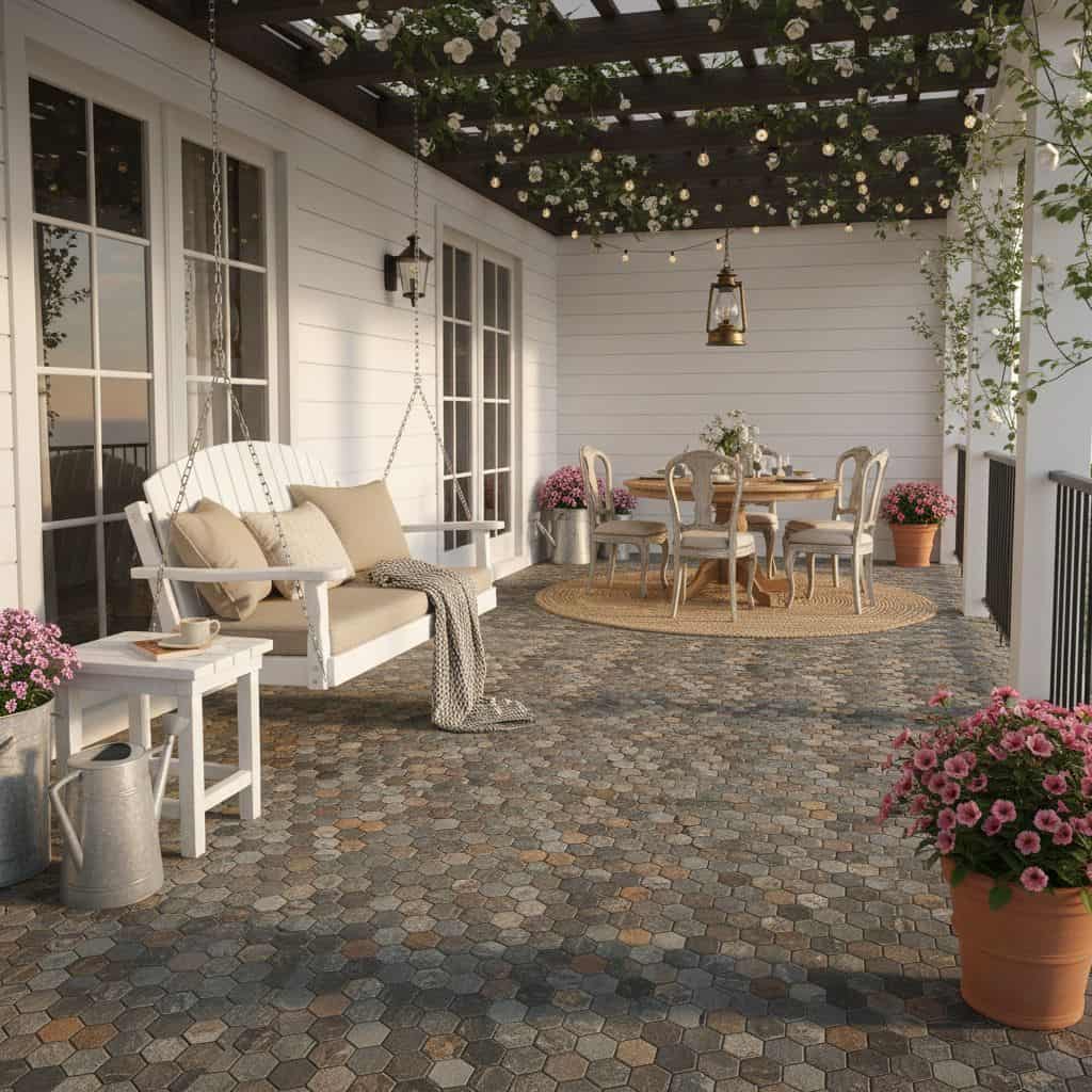 Describe tile color, texture, and pattern: Hexagonal stone tiles in earthy tones with a textured surface, creating a natural.