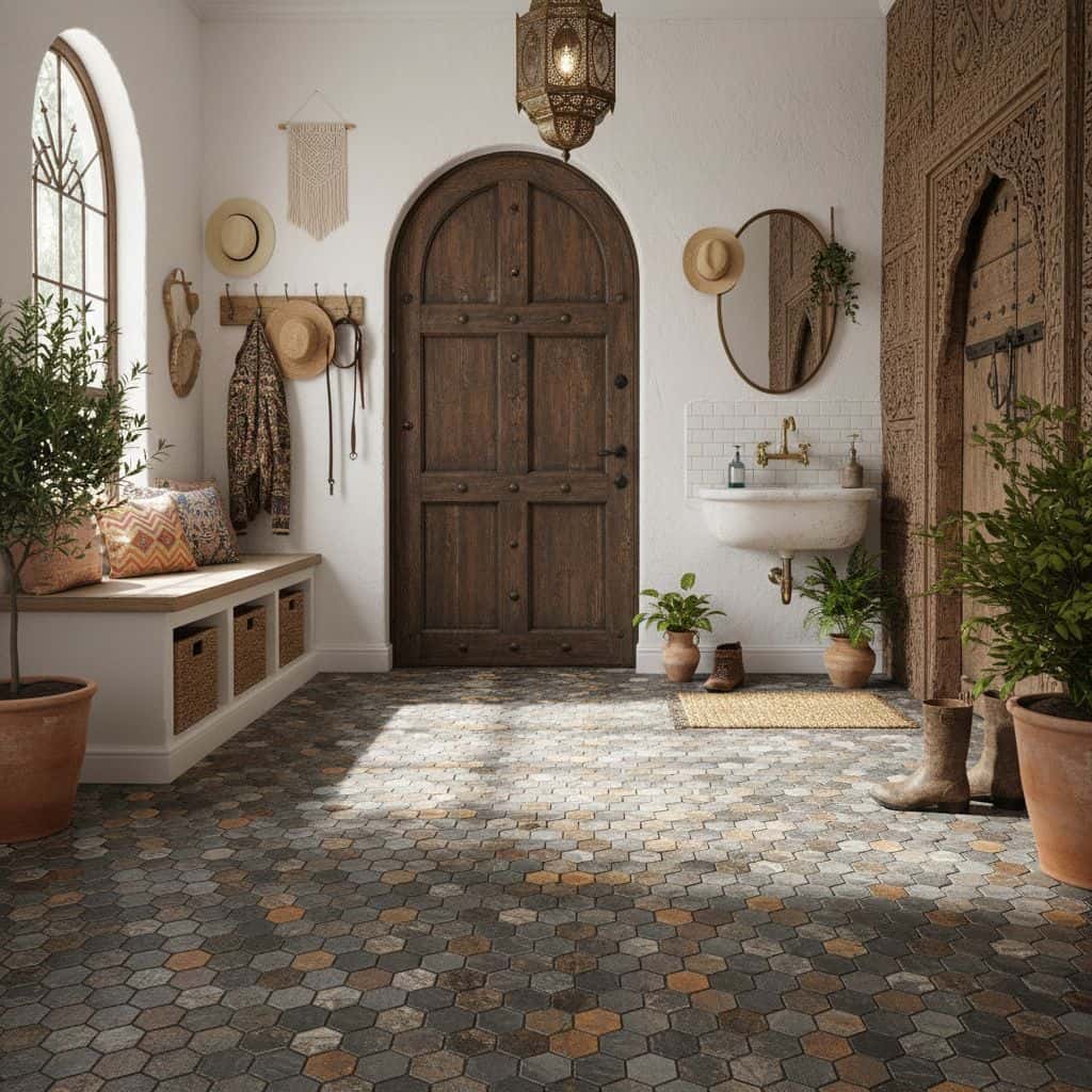 Hexagonal stone tiles in earthy tones with a textured surface, creating a rustic and natural aesthetic.