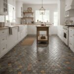 Bright hexagon tile flooring in shades of gray and brown in a modern white kitchen.