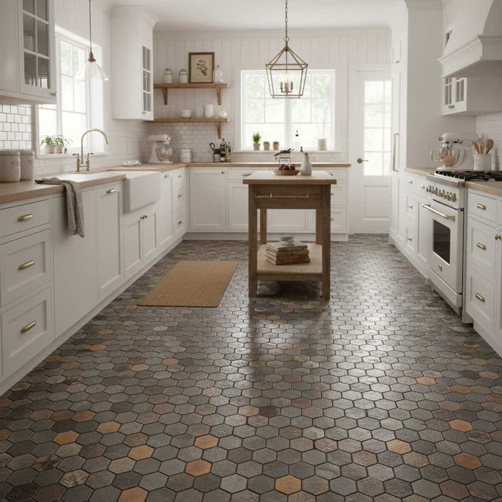 Bright hexagon tile flooring in shades of gray and brown in a modern white kitchen.