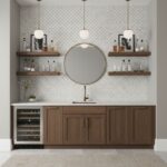 White textured wall tiles with a subtle geometric pattern, paired with a wooden cabinet and floating shelves, creating a warm.