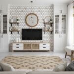 A stylish living room featuring peel and stick wall tile with a geometric pattern, perfect for easy home decor updates.