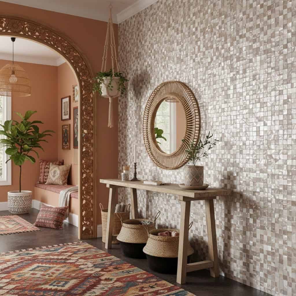 Decorative shell tile wall with mother of pearl accents and a round mirror.