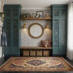 Decorative peel and stick tile wall in a contemporary living space with built-in storage and cozy decor.
