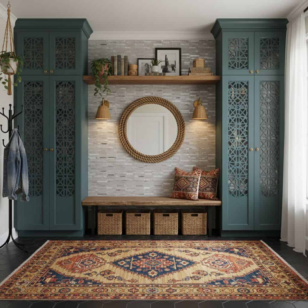 Decorative peel and stick tile wall in a contemporary living space with built-in storage and cozy decor.