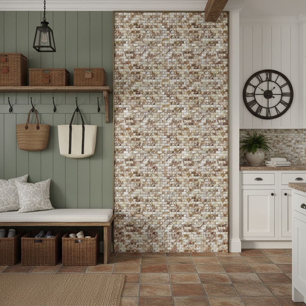 Mother of pearl shell tile wall accent in a cozy home interior.