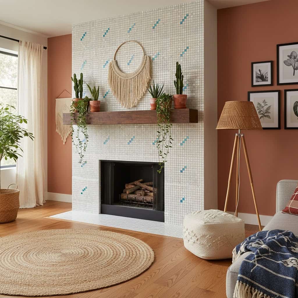 Decorative shell tile accent wall with mother of pearl and seashell details around fireplace.
