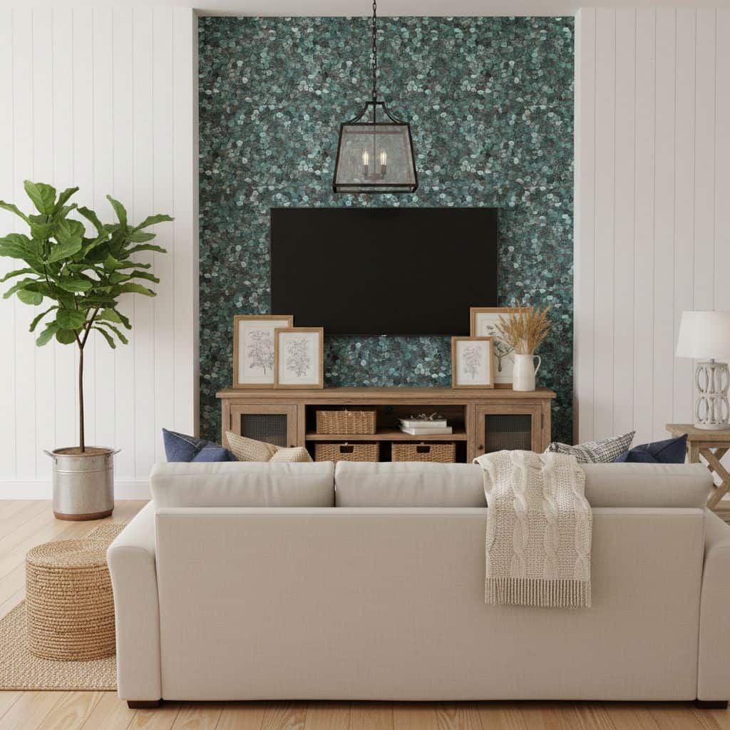 Modern living room with peel and stick wall tile behind TV, featuring a cozy sofa, plants, and decorative frames.