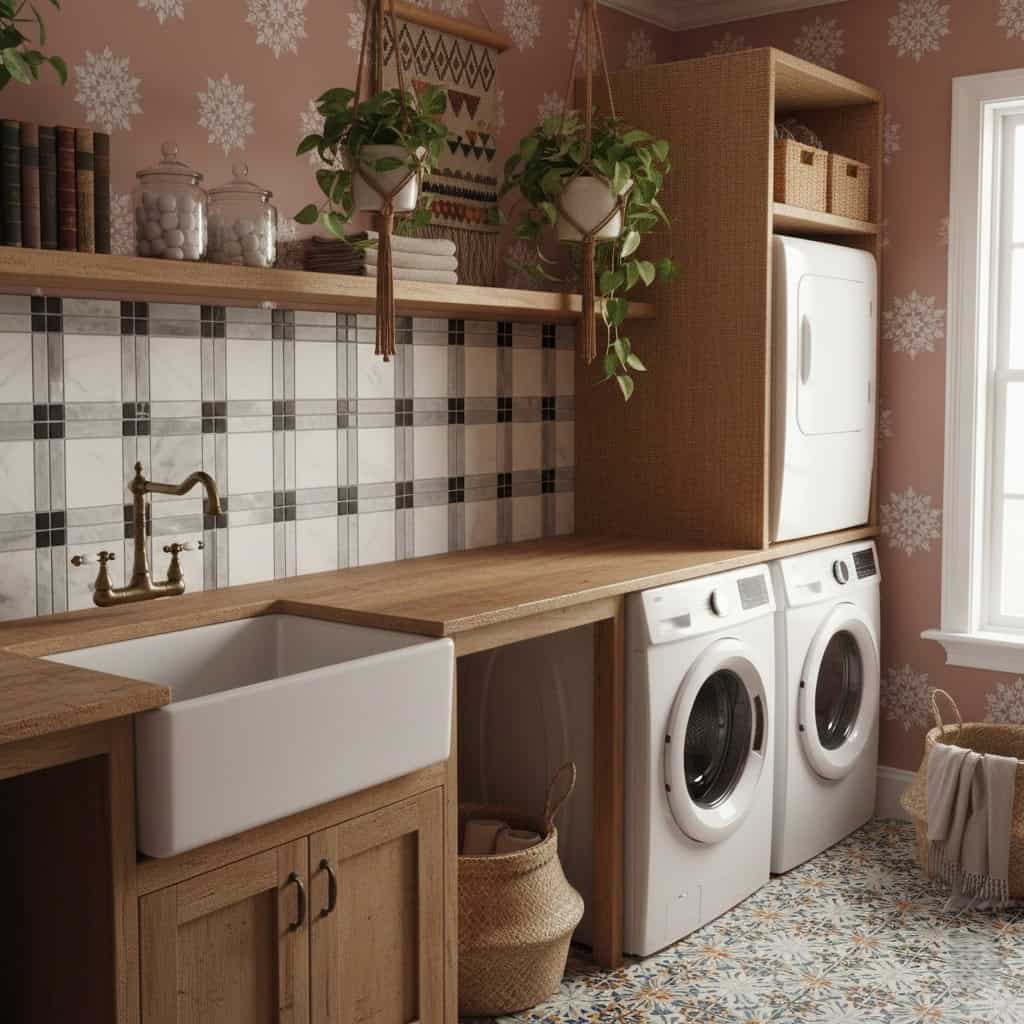 Bright laundry room featuring patterned ceramic tiles and wooden accents.