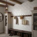 Decorative shell tile wall with hooks for hats and bags in a cozy entryway. Features mother of pearl, shell, and oyster shell.