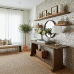A stylish interior featuring a wall with mother of pearl shell tiles, complemented by a wooden console table, mirror, and dec.