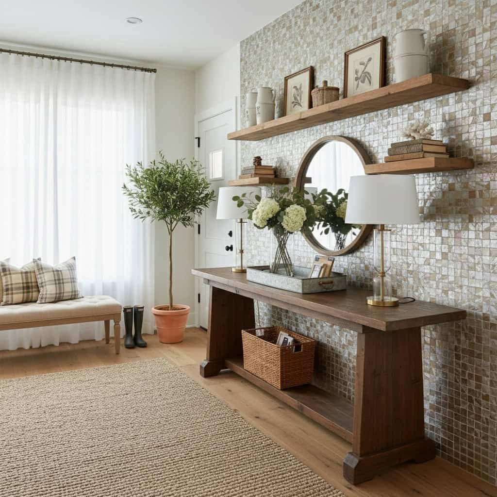 A stylish interior featuring a wall with mother of pearl shell tiles, complemented by a wooden console table, mirror, and dec.