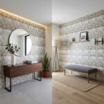 Decorative shell tile wall with mother of pearl accents in a modern interior setting.