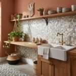 Beautiful shell tile backsplash with mother of pearl accents in a cozy kitchen setting.