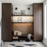 Modern interior with peel and stick tile backsplash and wall tiles in a stylish home entryway.
