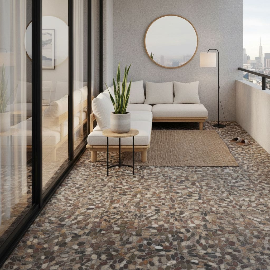 Bright, textured pebble-pattern tile with earthy tones on balcony floor.