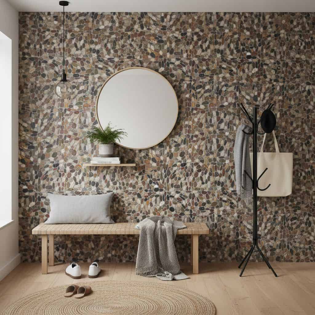 Earth-toned pebble textured tile wall with a modern design, featuring a round mirror, a wooden bench, and minimalist decor el.