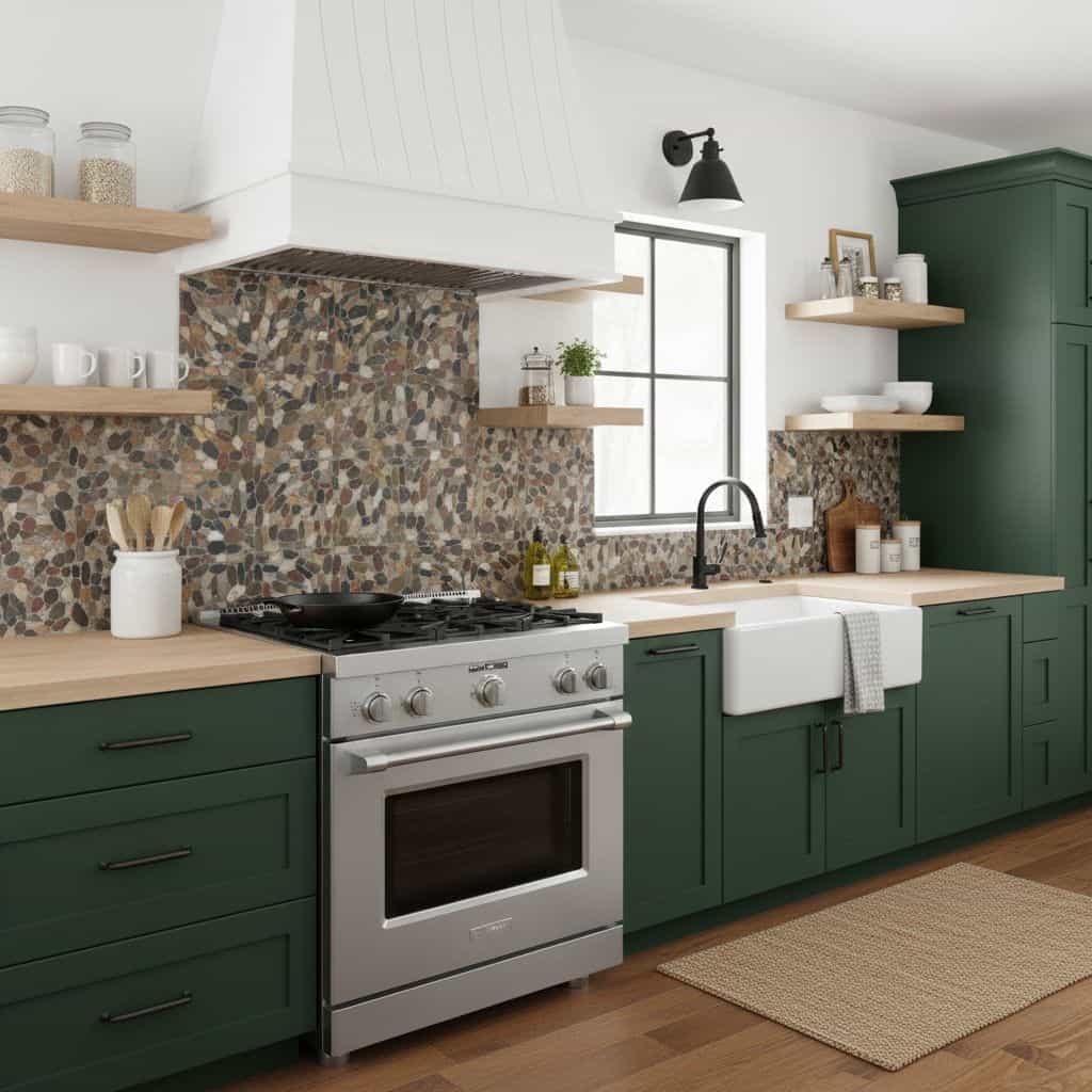 Bright green cabinetry with a pebble-textured tile backsplash in earthy tones. Features a white farmhouse sink, open wooden s.