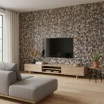 Stone pebble mosaic wall tile with natural earthy tones and textured surface.
